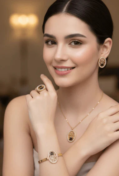 Vintage Rose Emblem Jewelry Set – Necklace, Earrings, Bracelet & Ring